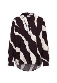 Camicia a maniche lunghe in viola scuro e crema con motivi astratti a onde. Presenta un colletto e un orlo leggermente curvato. Tessuto leggero e testurizzato.