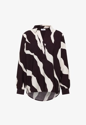 Chemise à manches longues en violet foncé et crème avec des motifs de vagues abstraits. Présente un col et un ourlet légèrement courbé. Tissu texturé léger.