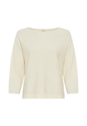 Cremefarbener, langärmeliger Strickpullover mit lockerem Schnitt und Rundhalsausschnitt, auf weißem Hintergrund dargestellt.