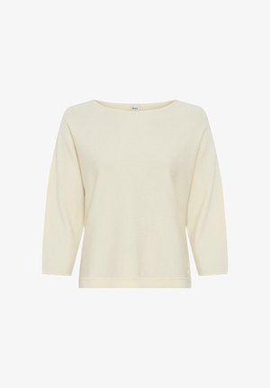 Pull en maille couleur crème à manches longues, coupe décontractée et col rond, présenté sur un fond blanc.