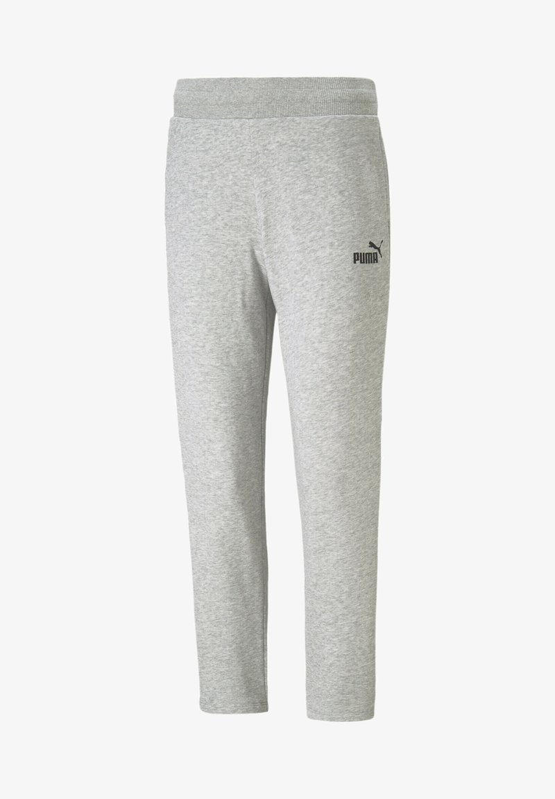 Graue Jogginghose aus weichem Stoff, mit einem gerippten Bund, zulaufenden Beinen und einem schwarzen Puma-Logo am linken Oberschenkel.