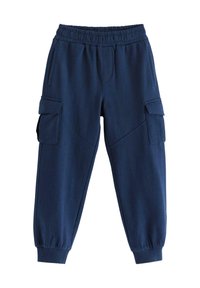 Marineblaue Sweatpants mit elastischem Bund, schmal zulaufenden Bündchen und zwei seitlichen Cargo-Taschen. Hergestellt aus weichem, strukturiertem Stoff.