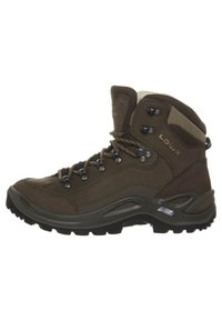 Bruine wandelschoenen met hoge enkels, gemaakt van leer en mesh-materiaal, grijze rubberen zool, metalen oogjes voor veters en een gevoerde kraag.