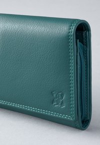 Teal leather wallet featuring a textured surface, contrasting stitching, and an embossed logo accent on one side.