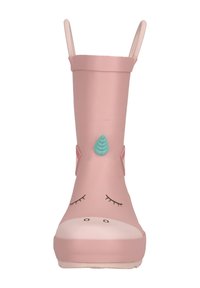Botte de pluie en caoutchouc rose avec un design de licorne, accentuée d'une corne turquoise et de détails pour les yeux. Elle dispose de courtes poignées pour un enfilage facile.