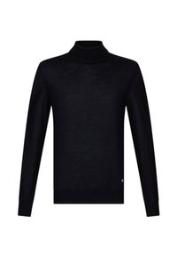 Zwarte coltrui van fijne gebreide stof, met lange mouwen en een geribde kraag en manchetten. Eenvoudig en minimalistisch ontwerp.