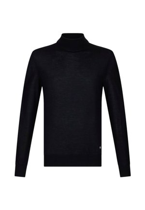 Maglione nero a collo alto realizzato in materiale a maglia fine, con maniche lunghe e collo e polsini a costine. Design semplice e minimalista.