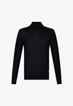 Maglione nero a collo alto realizzato in materiale a maglia fine, con maniche lunghe e collo e polsini a costine. Design semplice e minimalista.