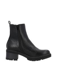 Bottines en cuir noir avec un bout légèrement arrondi, fermeture éclair sur le côté et un talon bloc texturé. La semelle présente une adhérence à motifs.