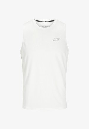 Camicia bianca senza maniche realizzata in tessuto morbido, con scollatura rotonda e un piccolo logo grigio sul lato sinistro del petto. Texture liscia in tutto il capo.