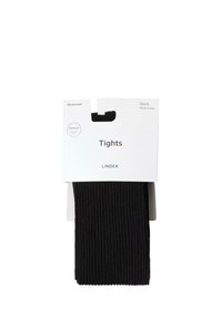 Collant in merino nero con texture a coste, confezionati in un'etichetta bianca con il marchio che indica la taglia L e "Made in Italy". Qualità premium.
