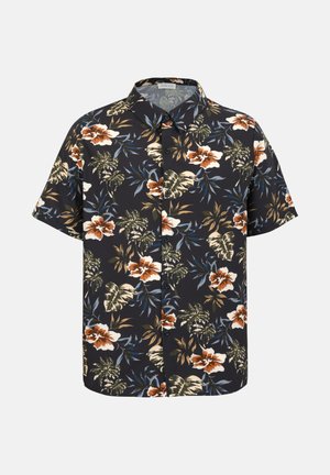 Μαύρο κοντομάνικο πουκάμισο με κουμπιά και πορτοκαλί, λευκή και πράσινη τροπική φυτική και λουλουδένια εκτύπωση.