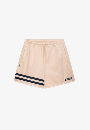 Șorturi atletice bej dintr-un material ușor, cu un elastic la talie, dungi bleumarin în partea de jos și două buzunare laterale.