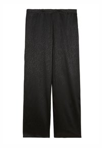 Pantalon noir à jambes larges en tissu lisse, avec un motif texturé subtil. Taille élastique pour le confort et la facilité d9habillage.
