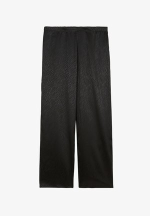 Pantalon noir à jambes larges en tissu lisse, avec un motif texturé subtil. Taille élastique pour le confort et la facilité d9habillage.