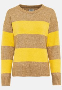 Brun og gulstribet sweater med rund halsudskæring og lange ærmer, med en blød tekstur og ribbede kantdetaljer.
