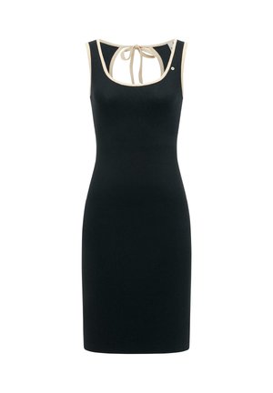 Czarna sukienka bez rękawów z beżowymi wykończeniami, dekolt w łódkę i zawiązywana wiązaniem przy tylnej części szyi, dopasowany fason do kolan.
