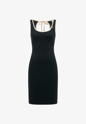 Ærmeløs sort kjole med beige trim, rund halsudskæring og bindebånd ved nakkesømmen, tætsiddende knælængde.