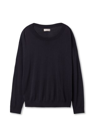 Mörkblå långärmad tröja i mjukt material, med rund halsringning och ribbade muddarna, i en avslappnad passform. Inga mönster eller distinkta detaljer.