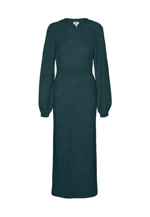 Robe à manches longues, ajustée, en tissu tricoté de couleur vert foncé. Elle présente un col rond et des manches bouffantes, avec une texture lisse et une coupe longueur cheville.