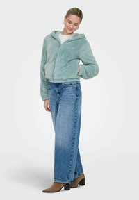 Faux teddy jacket in light blue, hooded with a front zip, paired with high-waisted wide-leg jeans and brown heels, on a plain background.