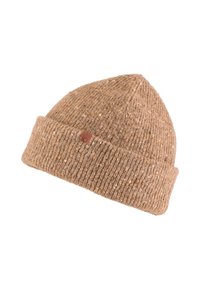 Brązowa dziana czapka beanie z prążkowaną teksturą i podwiniętym mankietem. Posiada materiał w melanż i małą naszywkę z logo.