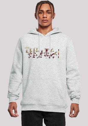 Gray hoodie featuring a kangaroo pocket, with colorful cartoon characters printed across the chest. Ribbed cuffs and hem.
