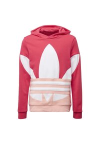 Pink hoodie featuring a large white leaf design, with a layered light pink band at the waist and ribbed cuffs. Cotton blend fabric.