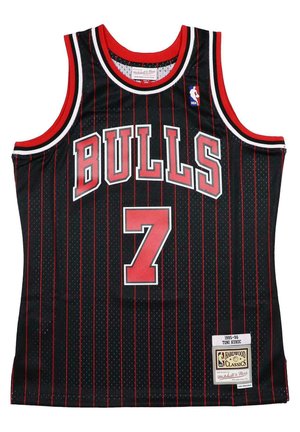 Black basketball jersey, pinstriped design, red accents. Front features "BULLS" in bold red letters and number 7. NBA logo on side.