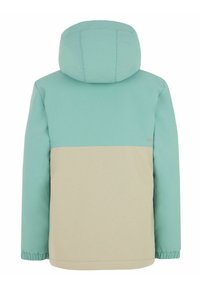 Hooded jack in lichtblauw en beige met een gladde textuur. Beschikt over elastische manchetten en een logo-opdruk op de achterkant.