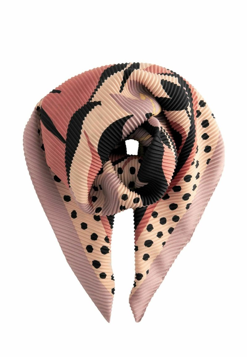 Écharpe plissée avec motifs abstraits et à pois rose, beige et noir, pliée en forme circulaire avec des extrémités pointues.