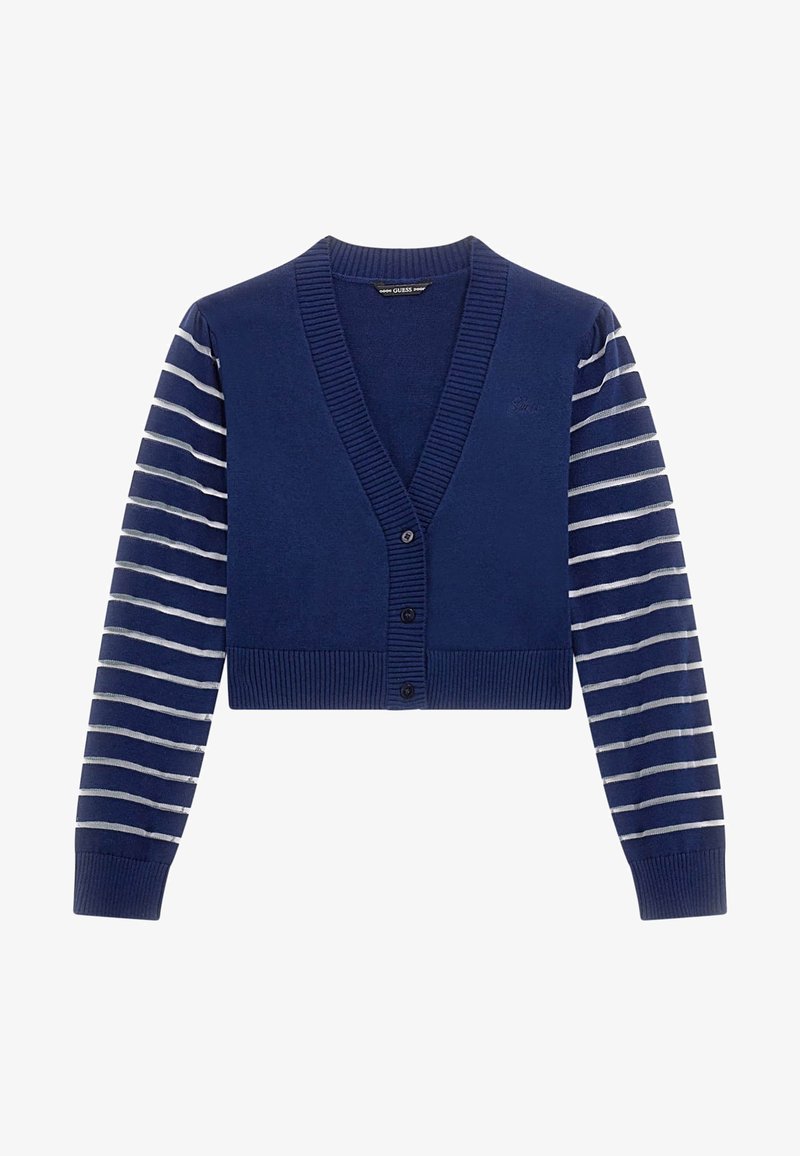 Cardigan court bleu marine avec un profond col en V, ourlet et poignets côtelés, fermeture par boutons, et manches longues à rayures horizontales bleu marine et blanc.