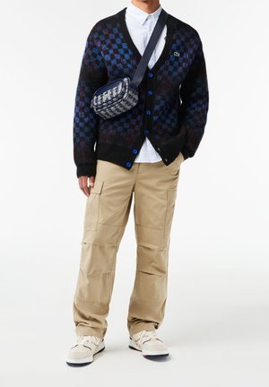 Persoon draagt een blauw-zwarte geruite cardigan over een wit overhemd, beige cargobroek, witte sneakers en een patroon handtas met draagriem.