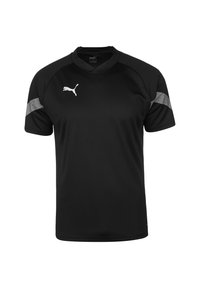 Maillot de sport noir avec des manches courtes, un décolleté en V et des accents argentés sur les épaules. Fabriqué en tissu lisse et respirant.