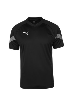 Schwarzes Sporttrikot mit kurzen Ärmeln, V-Ausschnitt und silbernen Akzenten an den Schultern. Hergestellt aus einem glatten, atmungsaktiven Stoff.