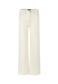 Wide-leg, cream-colored jeans made of denim. Features front pockets, a button fly, and stud accents on the back pocket.
