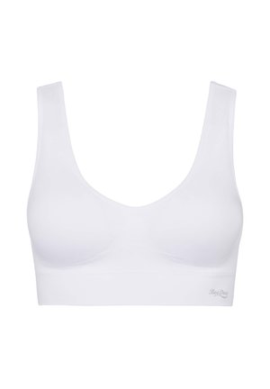 White, wireless bra with wide straps and a smooth, stretchy fabric. Features a rounded neckline and a soft underband with a subtle logo.