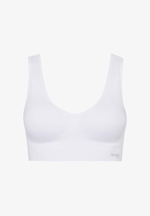 Weißer, kabelloser BH mit breiten Trägern und einem glatten, dehnbaren Stoff. Verfügt über einen runden Ausschnitt und ein weiches Unterband mit dezentem Logo.