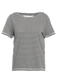 Camiseta de rayas hecha de una tela suave, con rayas horizontales en negro y blanco, escote redondo y mangas cortas.