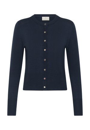 Mornarsko plavi džemper s dugim rukavima, okruglim izrezom i srebrnim gumbima duž središnjeg dijela sprijeda.