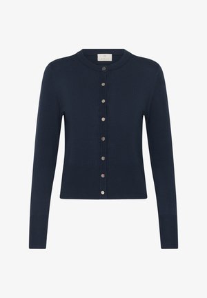 Mornarsko plavi džemper s dugim rukavima, okruglim izrezom i srebrnim gumbima duž središnjeg dijela sprijeda.