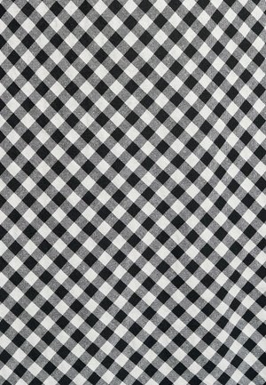 Juodai baltos languotos medžiagos audinys su tinklo raštu, jame yra vienodo dydžio kvadratų, tekstūriniu austimu ir kontrastingomis juodai baltomis atspalviais.