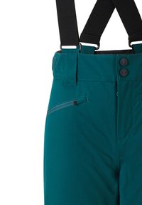 Pantalons de ski teal avec bretelles noires réglables ; dotés de deux boutons, d'une poche zippée et d'un tissu lisse et léger.