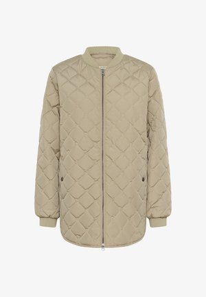 Beige quiltet jakke med frontlynlås, ribbestrikket krave og manchetter samt trykknaplommer i siden, designet til varme og afslappet brug.