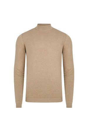 Sweter z długim rękawem w kolorze jasnego beżu, o prążkowanej fakturze, wykonany z mieszanki bawełny, z dopasowanym krojem i prostym dołem z lekkim rozciągnięciem.