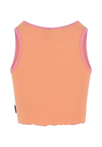 Ribbed orange crop top with contrasting pink trim. Features a sleeveless design and a scalloped hem at the bottom.