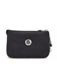 Borsa nera con zip, dotata del logo circolare in metallo Kipling e tirazip in argento, su sfondo bianco.
