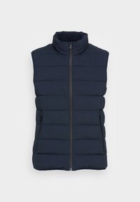 Gilet matelassé navy avec col haut, fermeture éclair sur le devant et deux poches latérales. Présente un motif matelassé et une texture légère et lisse.