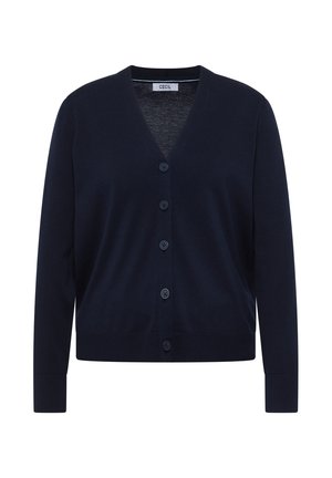 Cardigan bleu marine en tissu doux, avec un col en V, des manches longues et six boutons sur le devant. Finitions côtelées au bas et aux poignets.
