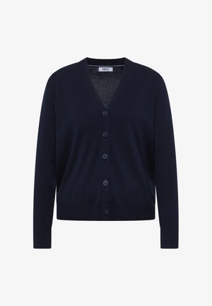 Cardigan bleu marine en tissu doux, avec un col en V, des manches longues et six boutons sur le devant. Finitions côtelées au bas et aux poignets.